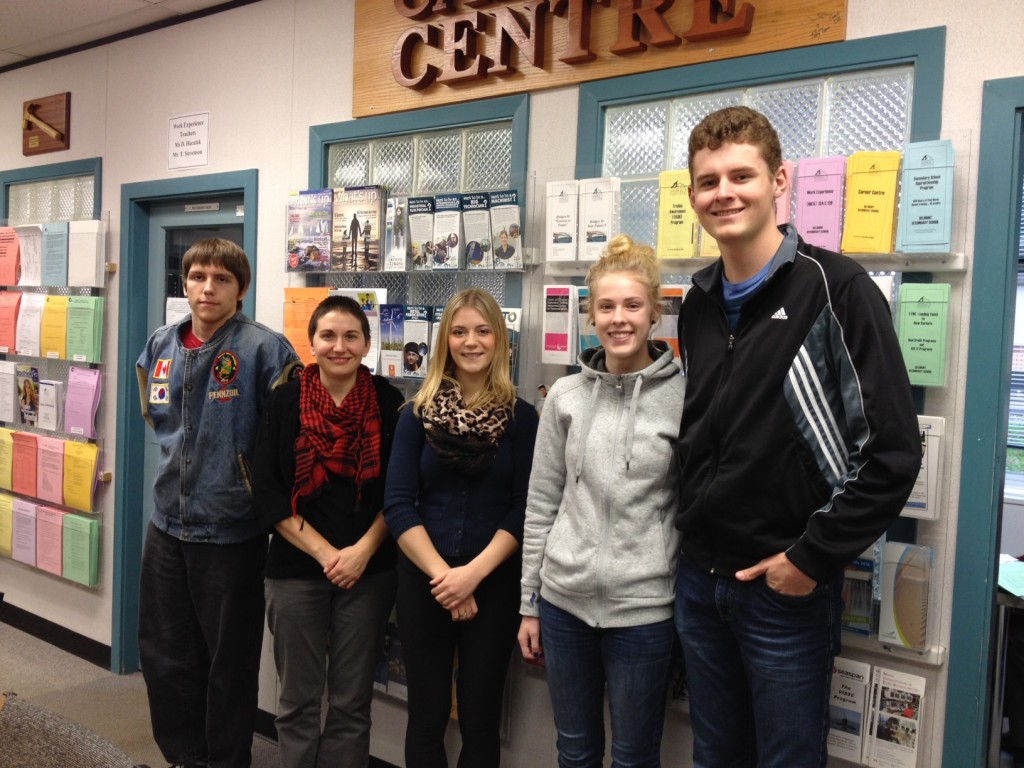 Grade 12 Social Justice Students: Mathew Pounden, Teacher Danielle Huculak, Jaelin Ellis, Kaeleigh Gaunt, and Chris Moore.